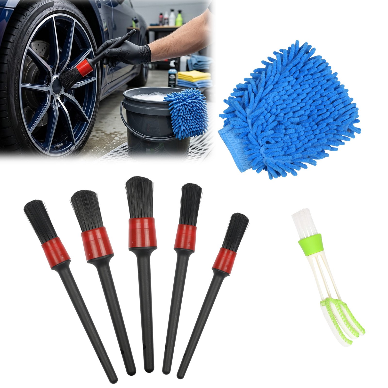 5-Piece Car Detailing Brush Set, Includes Brushes For Rims, Vents, And Upholstery, Versatile Cleaning Kit Accessories